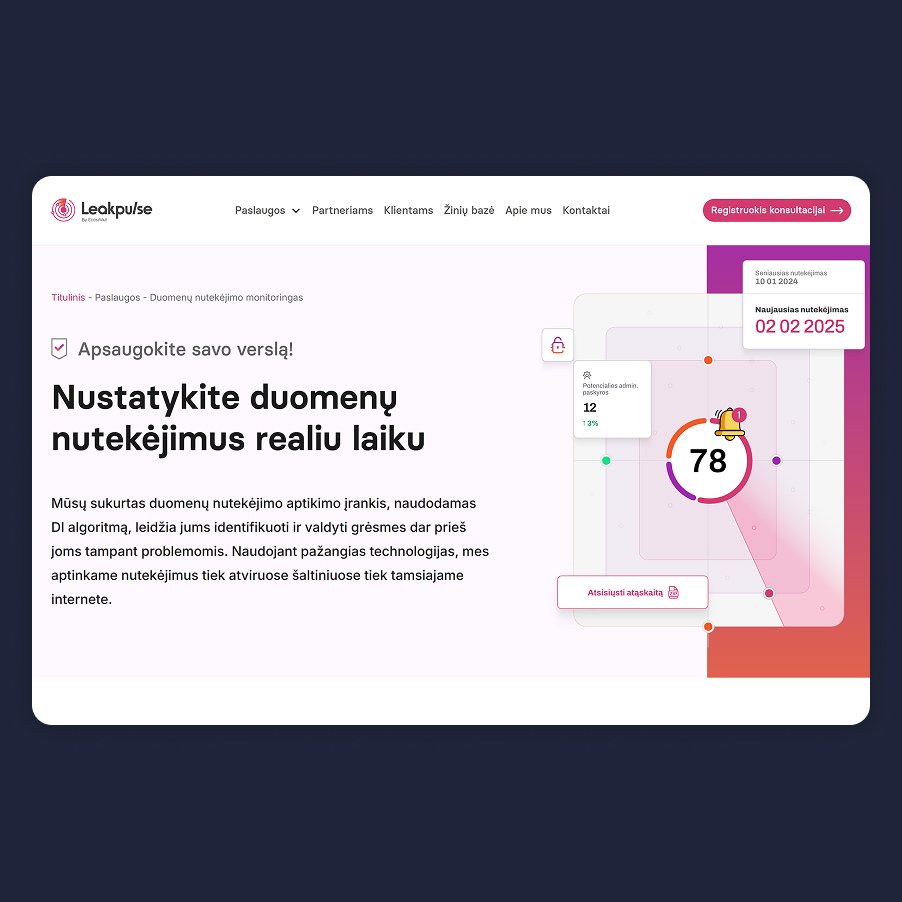 Leakpulse svetainės paslaugų puslapis su antrašte ‘Nustatykite duomenų nutekėjimus realiu laiku’ ir grafika vaizduojanti rizikos lygį